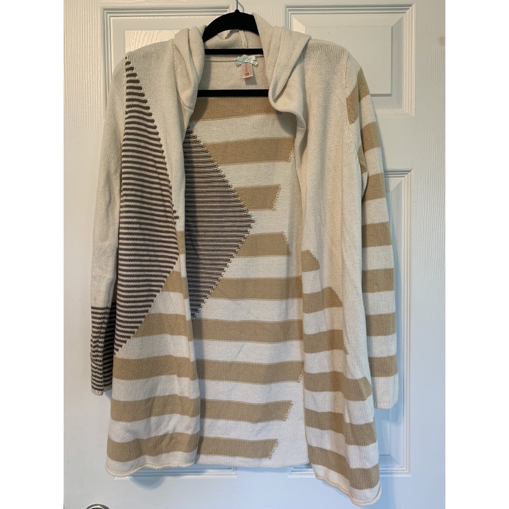 Downeast Basics Medium Open Front Long Hooded Cardigan Geometric Striped